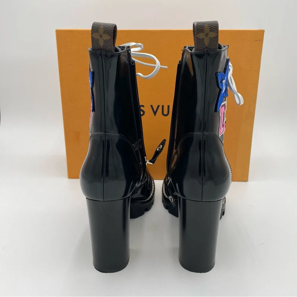 Louis Vuitton Patent Monogram Womens 38.5 Black Heart Star Trail Ankle Boots - Picture 6 of 9